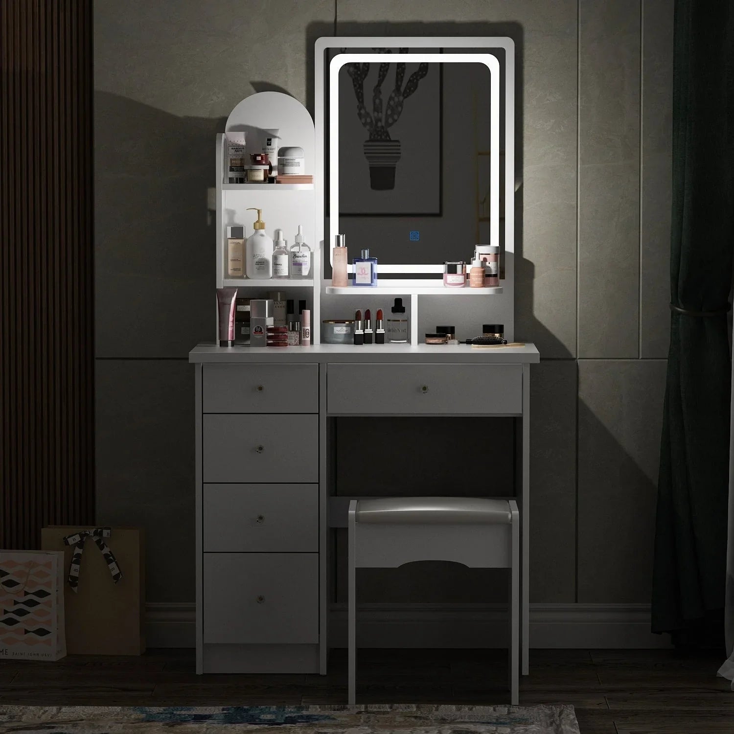 Makeup Vanity Set Table With LED Light &Mirror & Stool