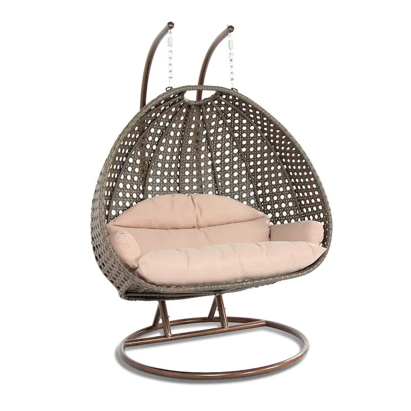 Egg-Shaped Hanging Swing Chair with Metal Stand, Wicker Frame & Cushion ¨C Beige / Charcoal Blue / White / Blue / Antique White / Brown / Canvas, Seats 2