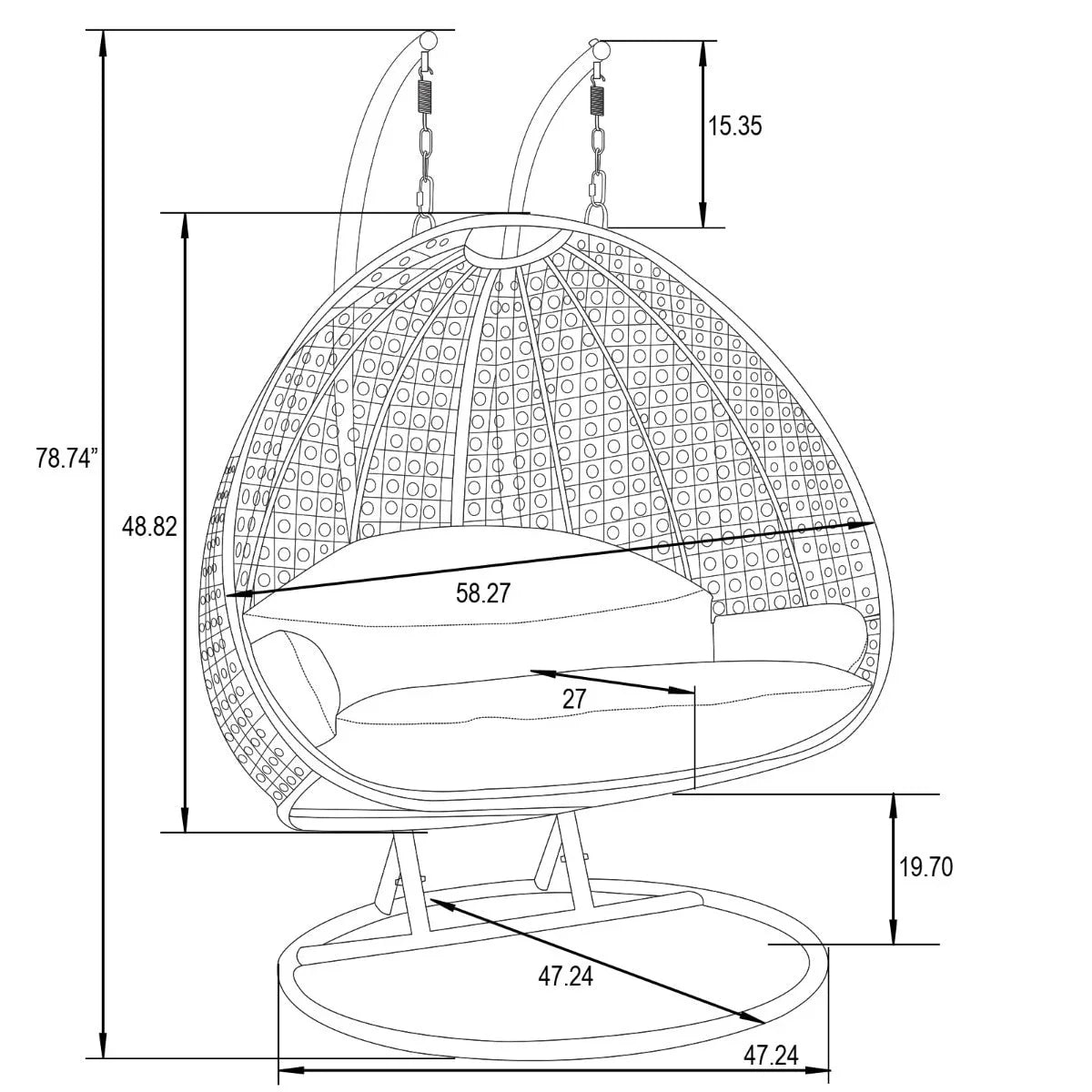 LeisureMod 2 Person Hanging Egg Chair with Stand - Outdoor/Indoor Rattan Wicker Patio Swing Hammock Lounger with Cushions
