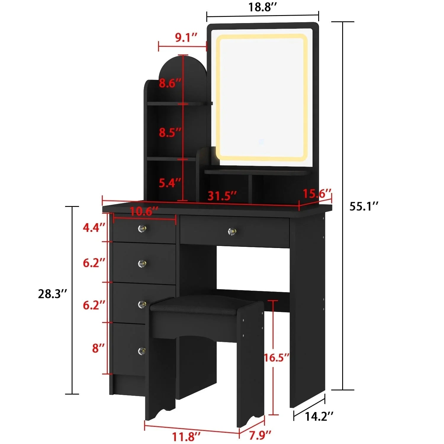 Makeup Vanity Set Table With LED Light &Mirror & Stool