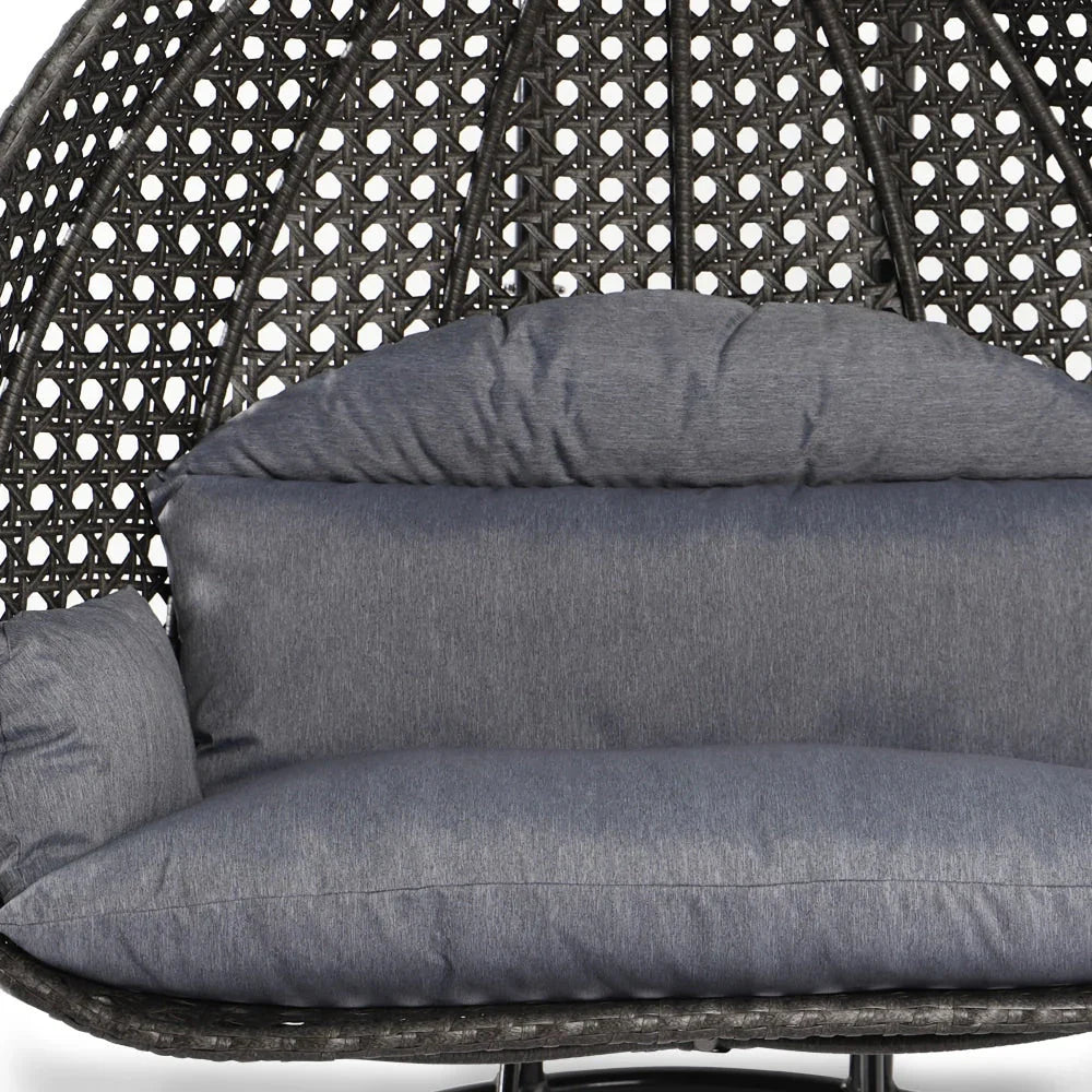 LeisureMod 2 Person Hanging Egg Chair with Stand - Outdoor/Indoor Rattan Wicker Patio Swing Hammock Lounger with Cushions