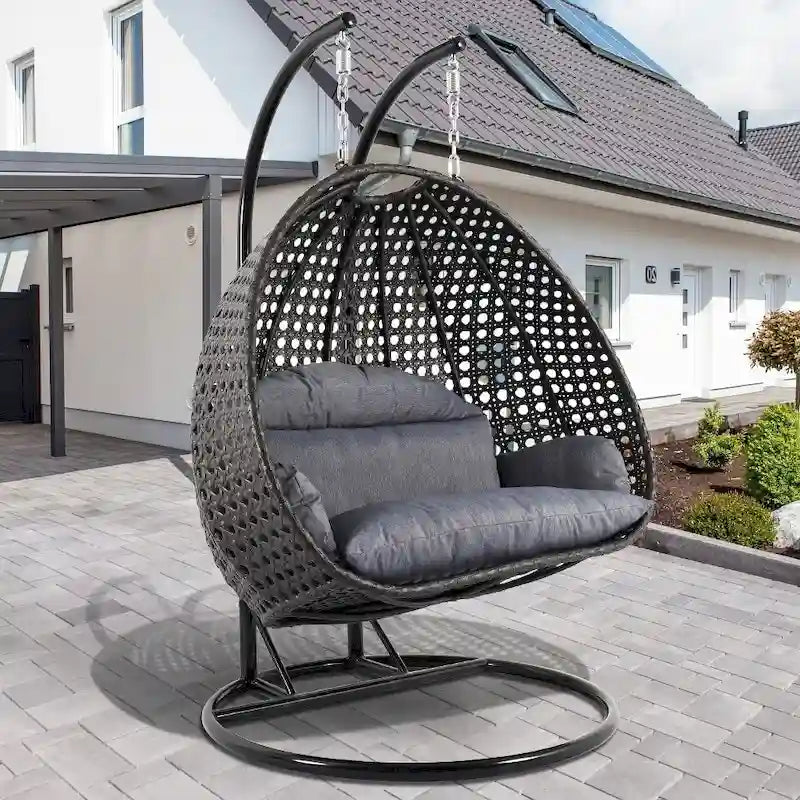 Egg-Shaped Hanging Swing Chair with Metal Stand, Wicker Frame & Cushion ¨C Beige / Charcoal Blue / White / Blue / Antique White / Brown / Canvas, Seats 2