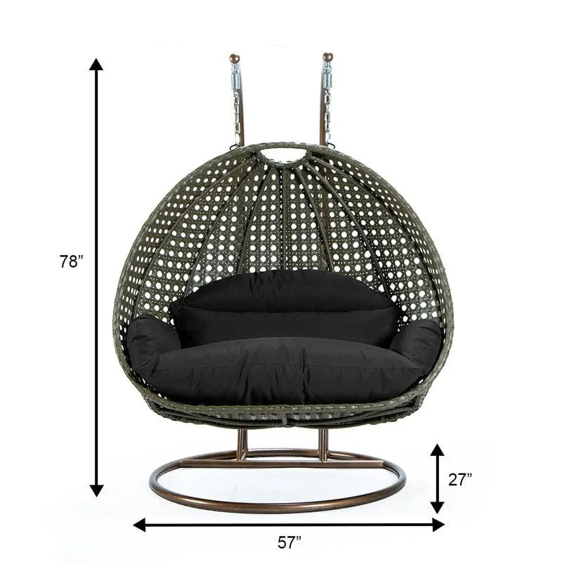 Egg-Shaped Hanging Swing Chair with Metal Stand, Wicker Frame & Cushion ¨C Beige / Charcoal Blue / White / Blue / Antique White / Brown / Canvas, Seats 2