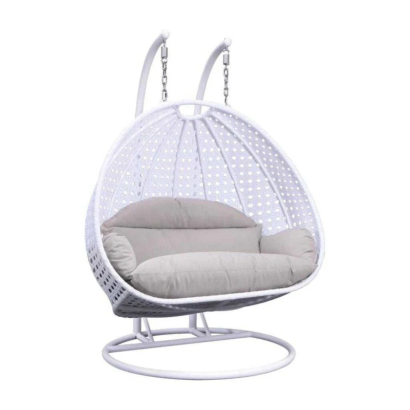 Egg-Shaped Hanging Swing Chair with Metal Stand, Wicker Frame & Cushion ¨C Beige / Charcoal Blue / White / Blue / Antique White / Brown / Canvas, Seats 2
