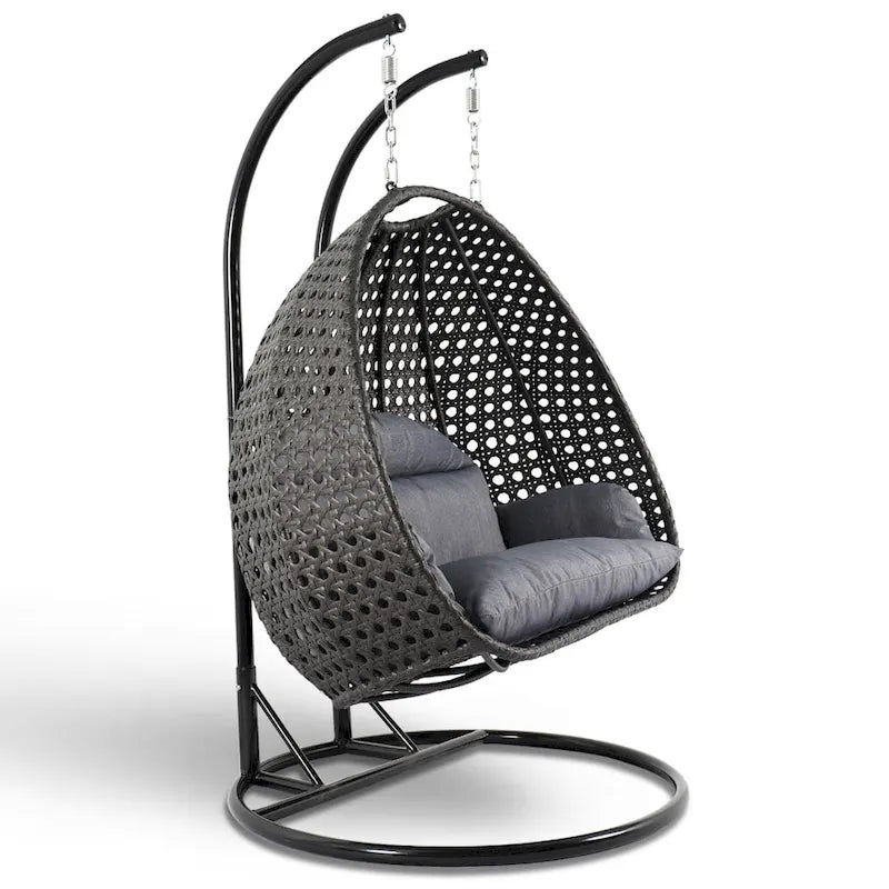Egg-Shaped Hanging Swing Chair with Metal Stand, Wicker Frame & Cushion ¨C Beige / Charcoal Blue / White / Blue / Antique White / Brown / Canvas, Seats 2