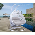 Egg-Shaped Hanging Swing Chair with Metal Stand, Wicker Frame & Cushion ¨C Beige / Charcoal Blue / White / Blue / Antique White / Brown / Canvas, Seats 2