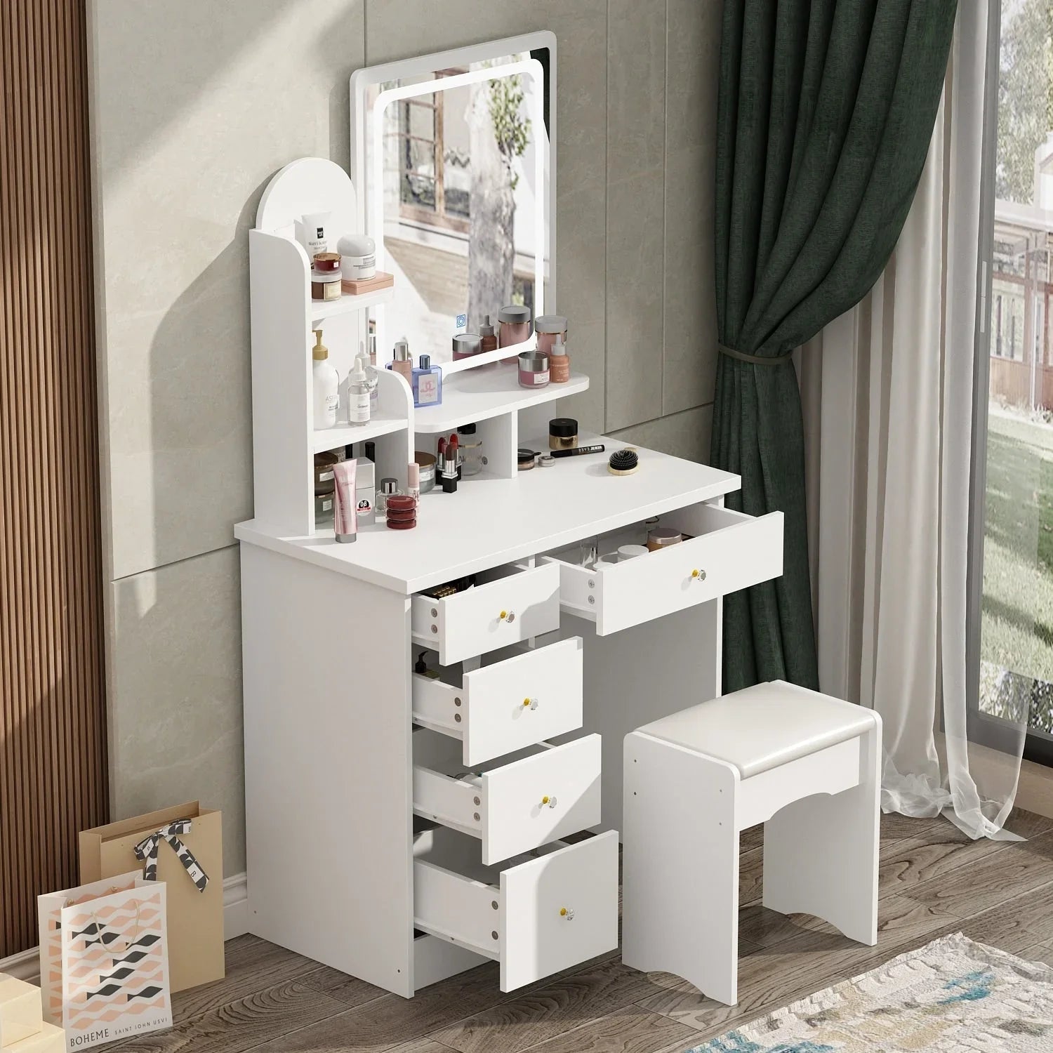 Makeup Vanity Set Table With LED Light &Mirror & Stool