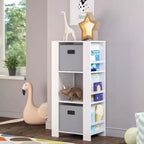 RiverRidge Kids' Bookshelf and Toy Organizer Tower with 3 Cubbies and 6 Bookracks White with 2 Fabric Bins