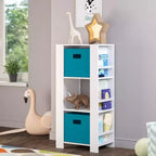 RiverRidge Kids' Bookshelf and Toy Organizer Tower with 3 Cubbies and 6 Bookracks White with 2 Fabric Bins