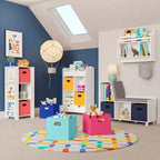 RiverRidge Kids' Bookshelf and Toy Organizer Tower with 3 Cubbies and 6 Bookracks White with 2 Fabric Bins