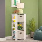 RiverRidge Kids' Bookshelf and Toy Organizer Tower with 3 Cubbies and 6 Bookracks White with 2 Fabric Bins
