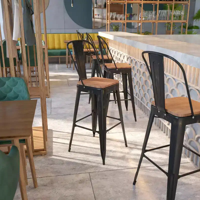 Emma and Oliver 30H Metal Dining Barstool with Back and Square Wood Seat