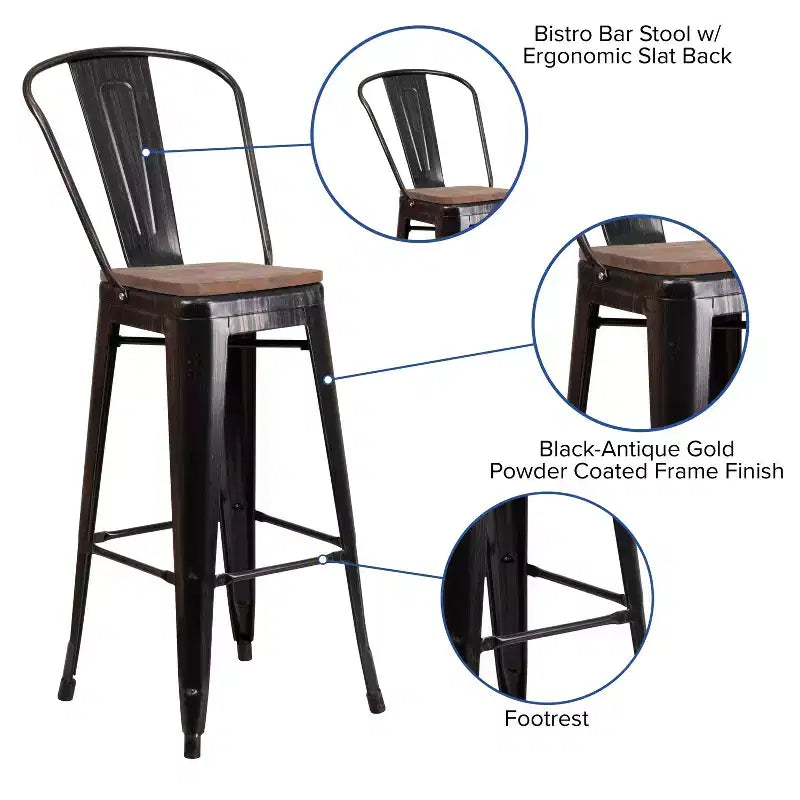 Emma and Oliver 30H Metal Dining Barstool with Back and Square Wood Seat