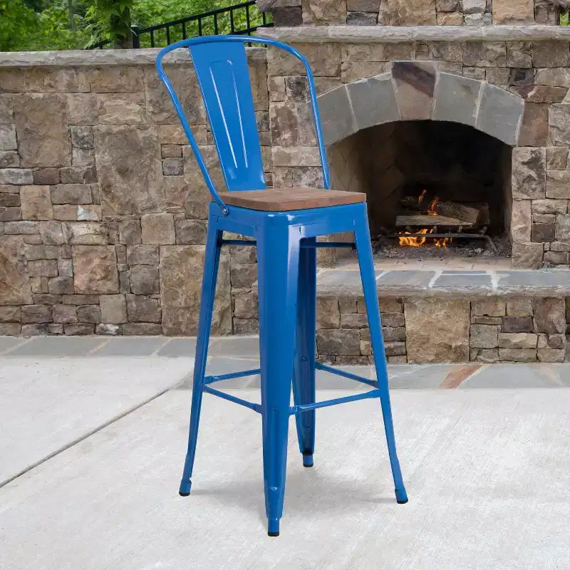 Emma and Oliver 30H Metal Dining Barstool with Back and Square Wood Seat