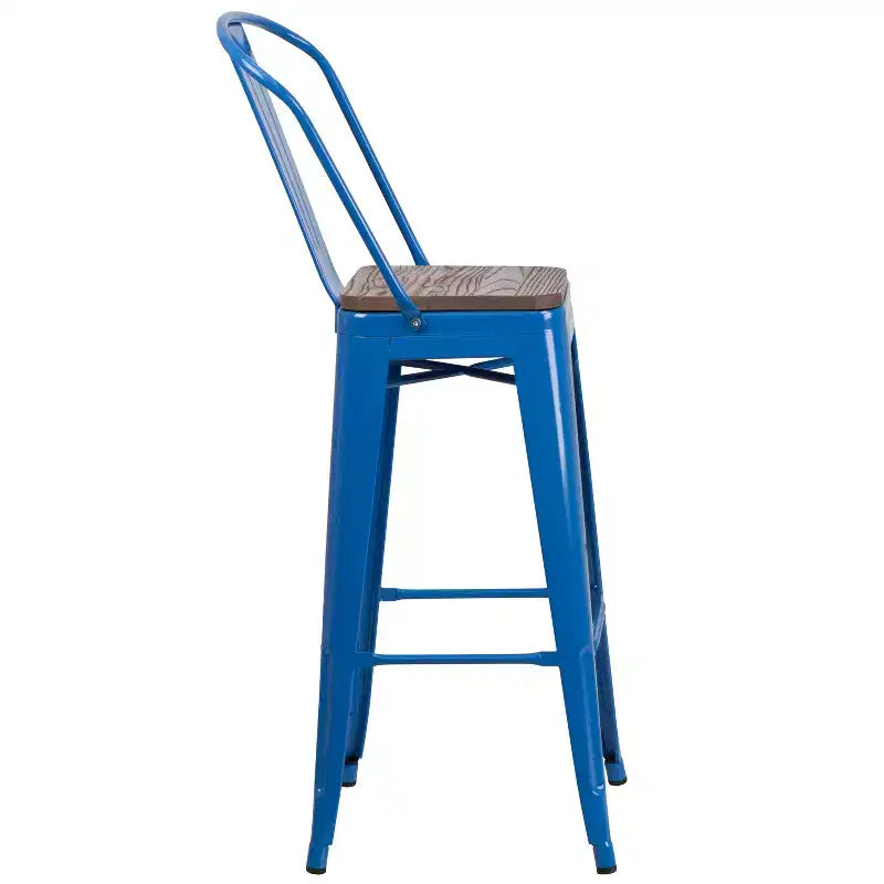 Emma and Oliver 30H Metal Dining Barstool with Back and Square Wood Seat