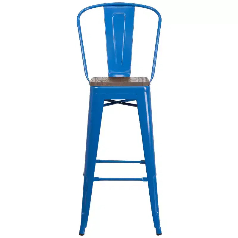 Emma and Oliver 30H Metal Dining Barstool with Back and Square Wood Seat