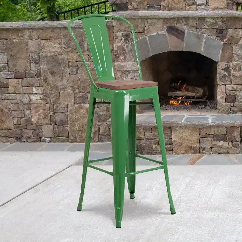 Emma and Oliver 30H Metal Dining Barstool with Back and Square Wood Seat