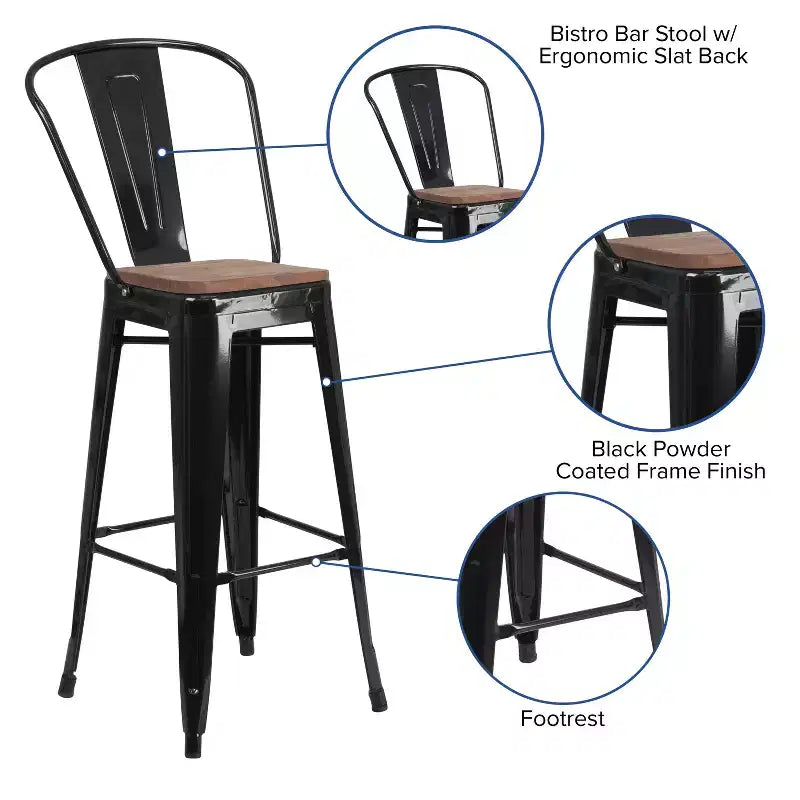 Emma and Oliver 30H Metal Dining Barstool with Back and Square Wood Seat