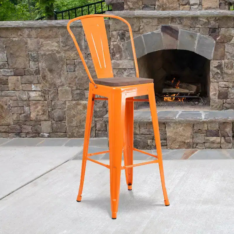 Emma and Oliver 30H Metal Dining Barstool with Back and Square Wood Seat