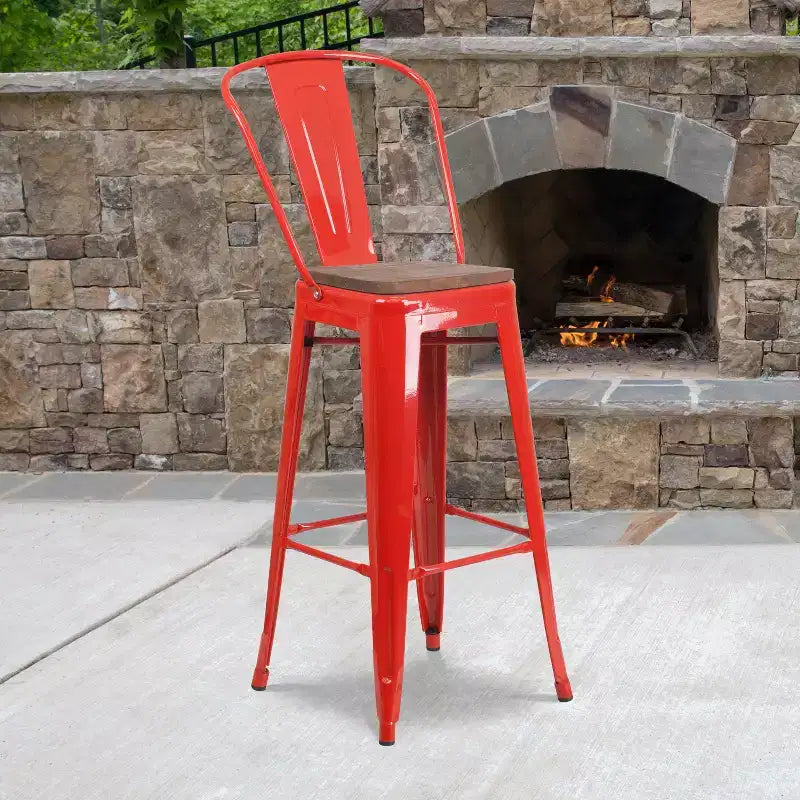 Emma and Oliver 30H Metal Dining Barstool with Back and Square Wood Seat