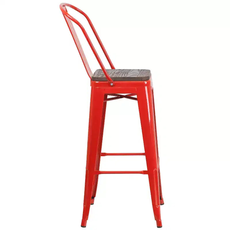 Emma and Oliver 30H Metal Dining Barstool with Back and Square Wood Seat