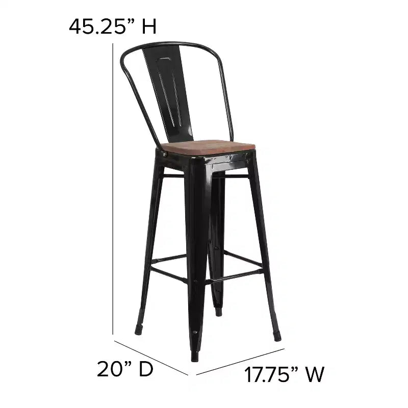 Emma and Oliver 30H Metal Dining Barstool with Back and Square Wood Seat
