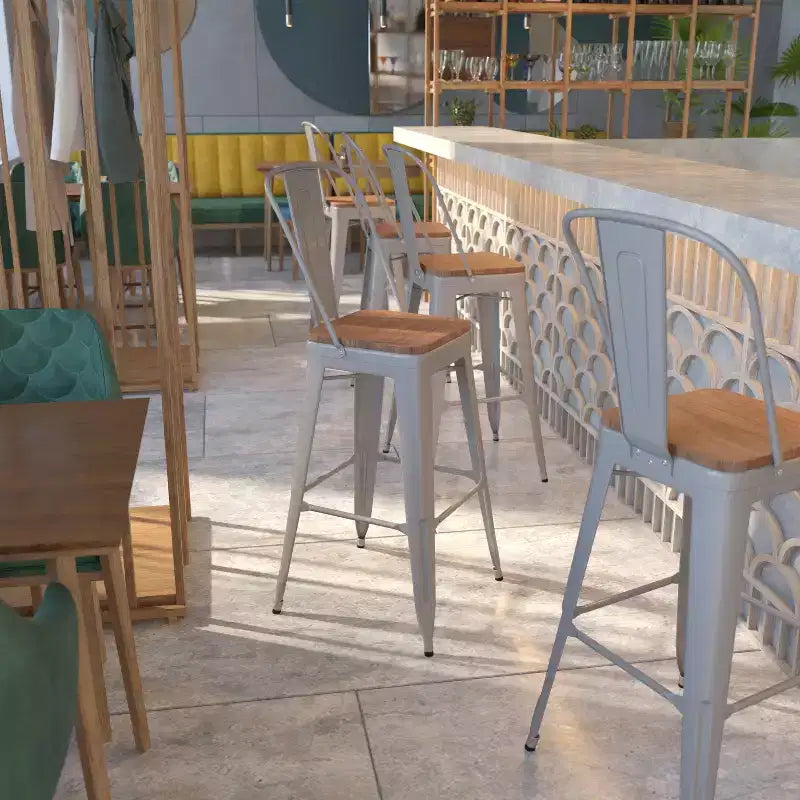 Emma and Oliver 30H Metal Dining Barstool with Back and Square Wood Seat