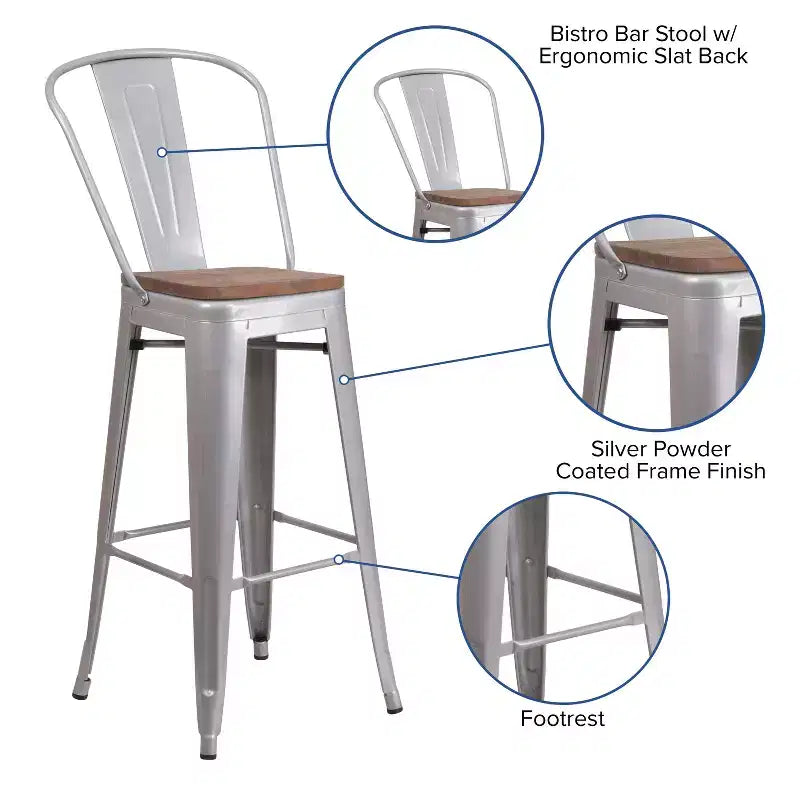 Emma and Oliver 30H Metal Dining Barstool with Back and Square Wood Seat