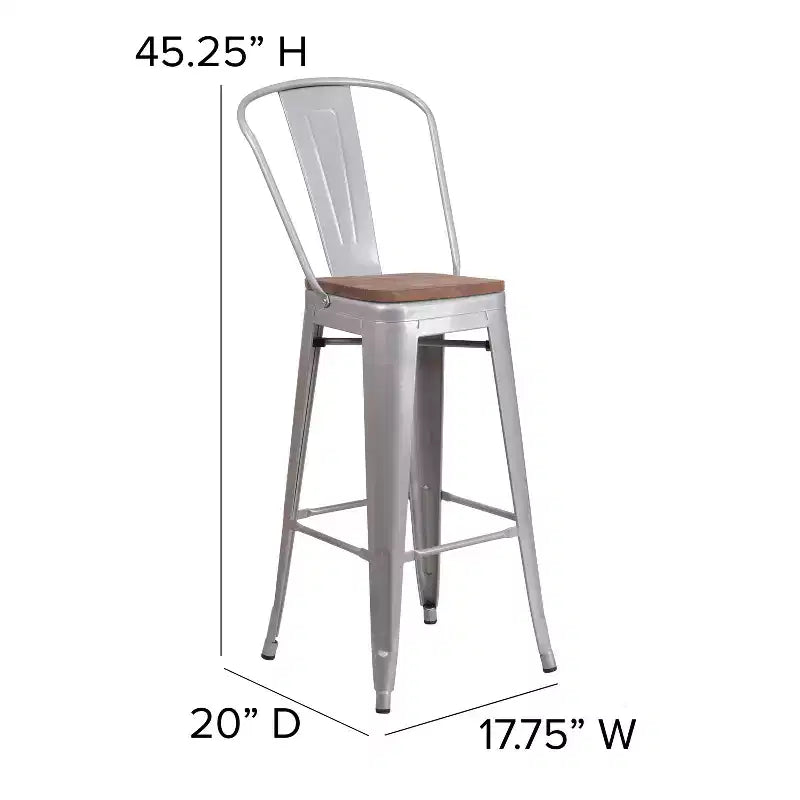 Emma and Oliver 30H Metal Dining Barstool with Back and Square Wood Seat