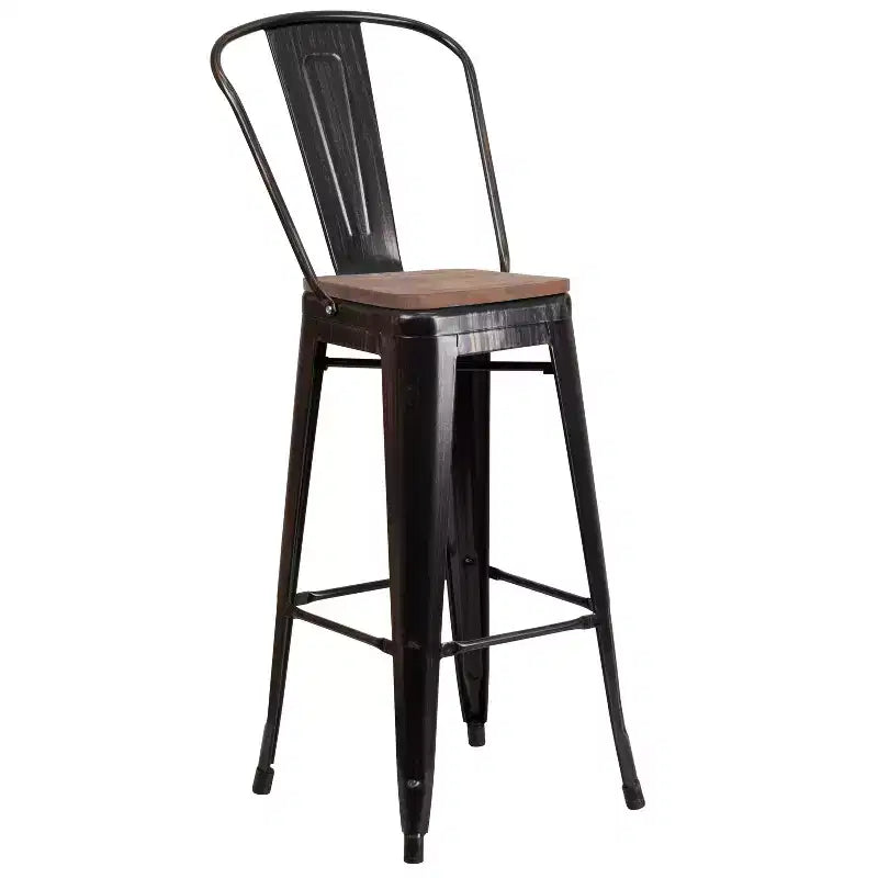 Emma and Oliver 30H Metal Dining Barstool with Back and Square Wood Seat