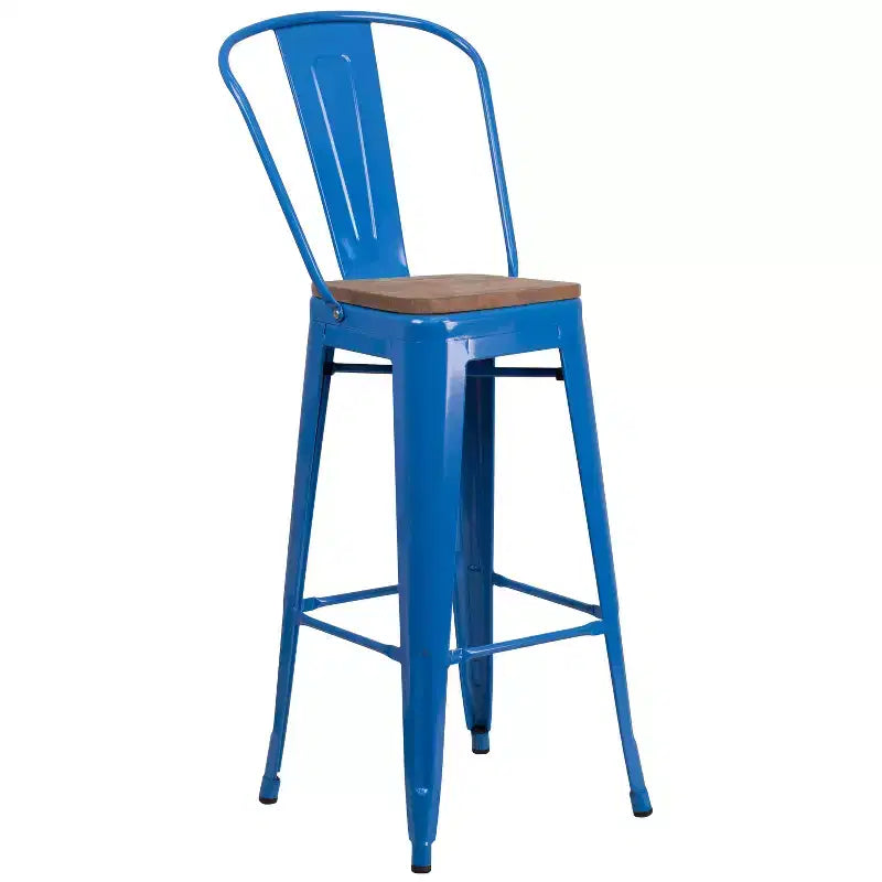 Emma and Oliver 30H Metal Dining Barstool with Back and Square Wood Seat