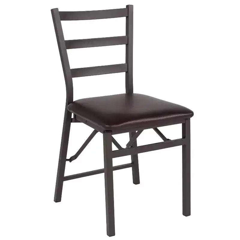 Emma and Oliver 2 Pack Ladder Back Metal Folding Chair with Brown Vinyl Seat