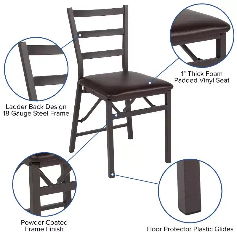 Emma and Oliver 2 Pack Ladder Back Metal Folding Chair with Brown Vinyl Seat