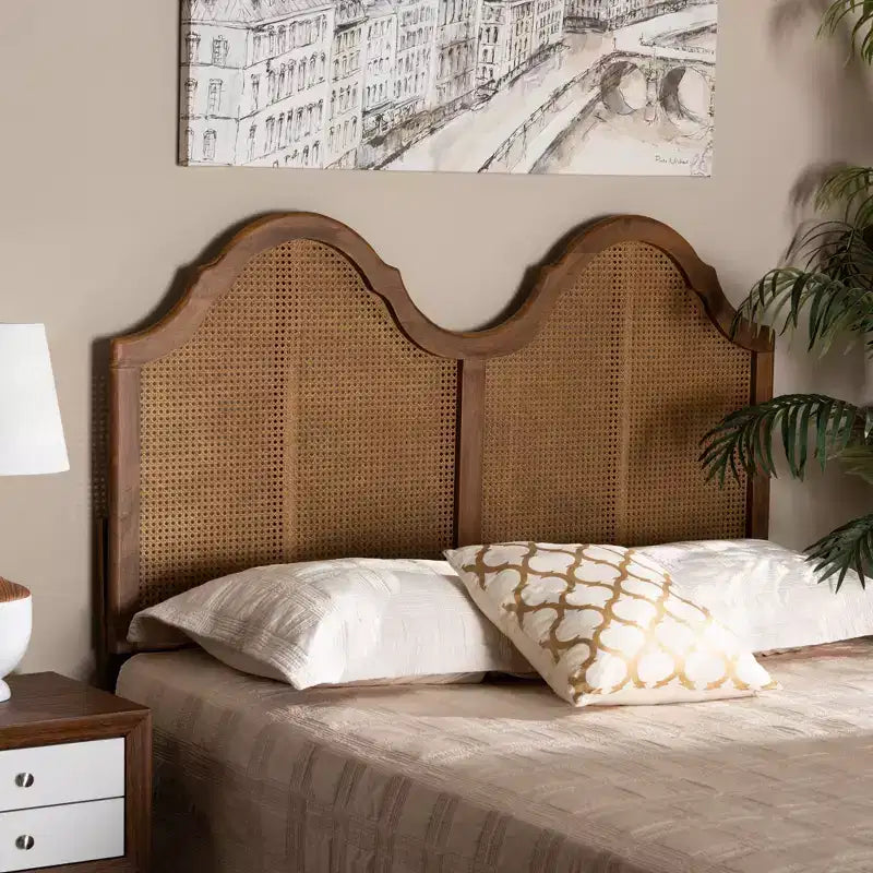 Hazel Vintage Wood and Synthetic Rattan Arched Headboard Walnut - Baxton Studio