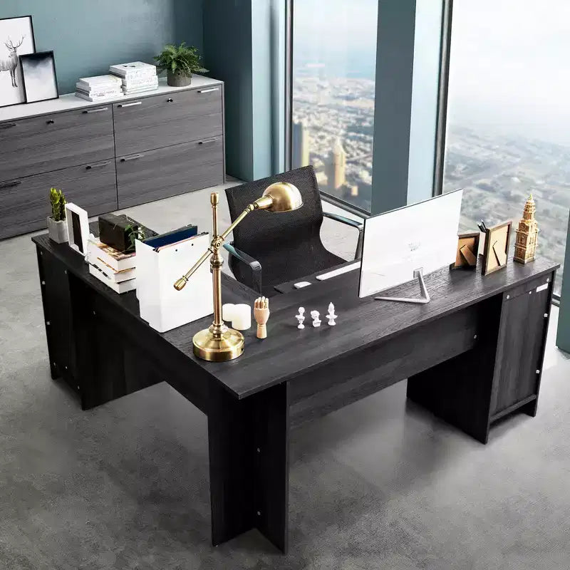 Costway L-Shaped Corner Computer Desk Writing Table Study Workstation Drawers BlackBrown