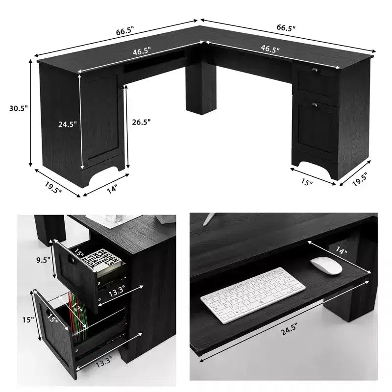 Costway L-Shaped Corner Computer Desk Writing Table Study Workstation Drawers BlackBrown