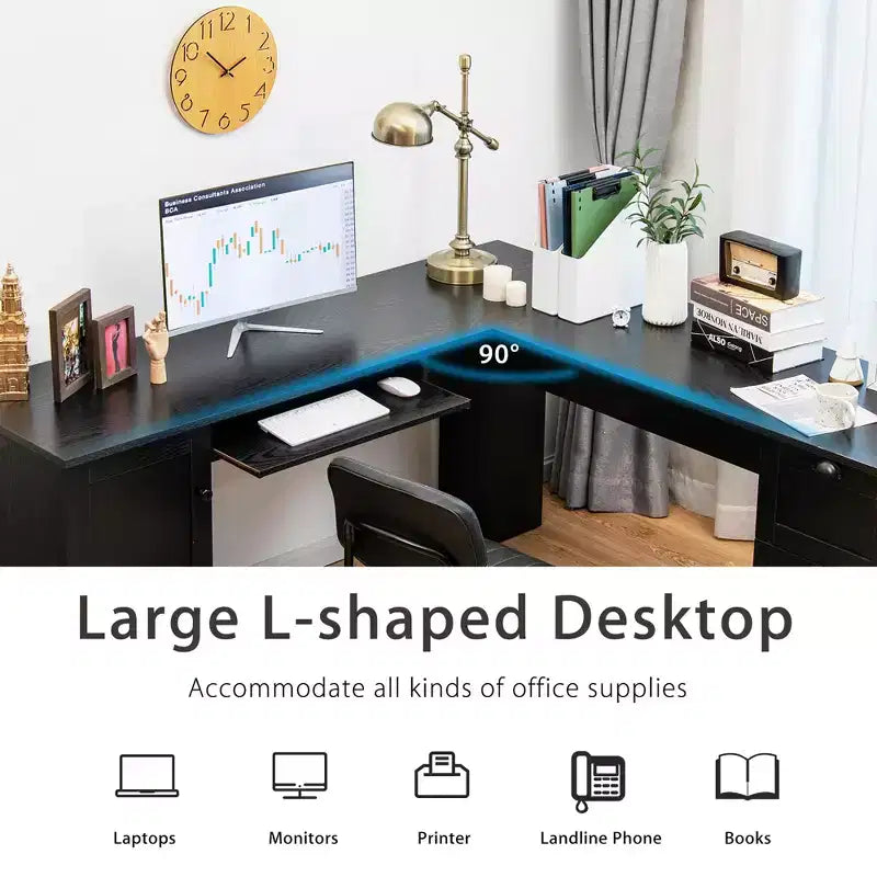 Costway L-Shaped Corner Computer Desk Writing Table Study Workstation Drawers BlackBrown