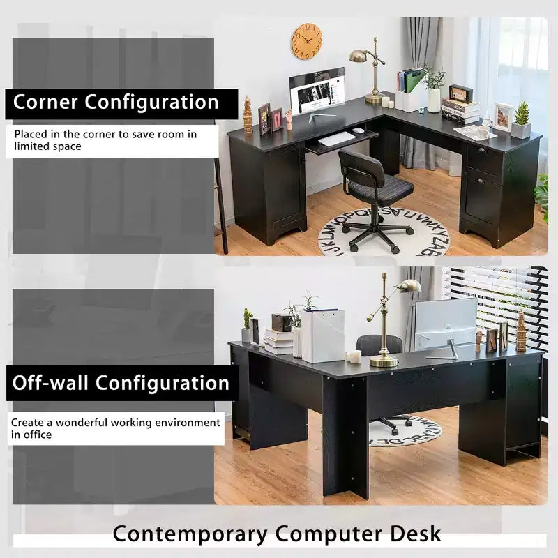 Costway L-Shaped Corner Computer Desk Writing Table Study Workstation Drawers BlackBrown
