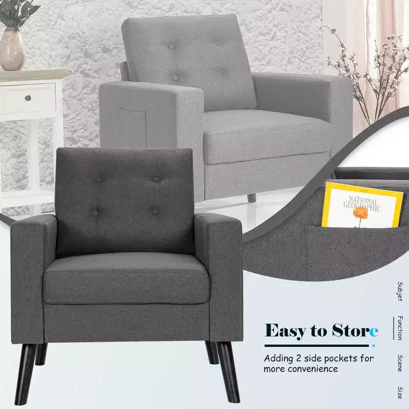 Costway Modern Tufted Accent Chair Fabric Armchair Single Sofa w/ Rubber Wood Legs Blue\ Beige\Grey
