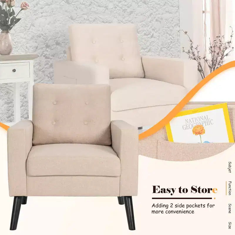 Costway Modern Tufted Accent Chair Fabric Armchair Single Sofa w/ Rubber Wood Legs Blue\ Beige\Grey
