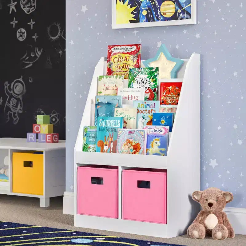 RiverRidge Kids' Bookshelf and Toy Storage Organizer with 4 Bookracks and 2 Cubbies White with 2 Fabric Bins