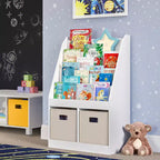 RiverRidge Kids' Bookshelf and Toy Storage Organizer with 4 Bookracks and 2 Cubbies White with 2 Fabric Bins