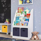 RiverRidge Kids' Bookshelf and Toy Storage Organizer with 4 Bookracks and 2 Cubbies White with 2 Fabric Bins
