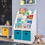 RiverRidge Kids' Bookshelf and Toy Storage Organizer with 4 Bookracks and 2 Cubbies White with 2 Fabric Bins