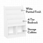 RiverRidge Kids' Bookshelf and Toy Storage Organizer with 4 Bookracks and 2 Cubbies White with 2 Fabric Bins