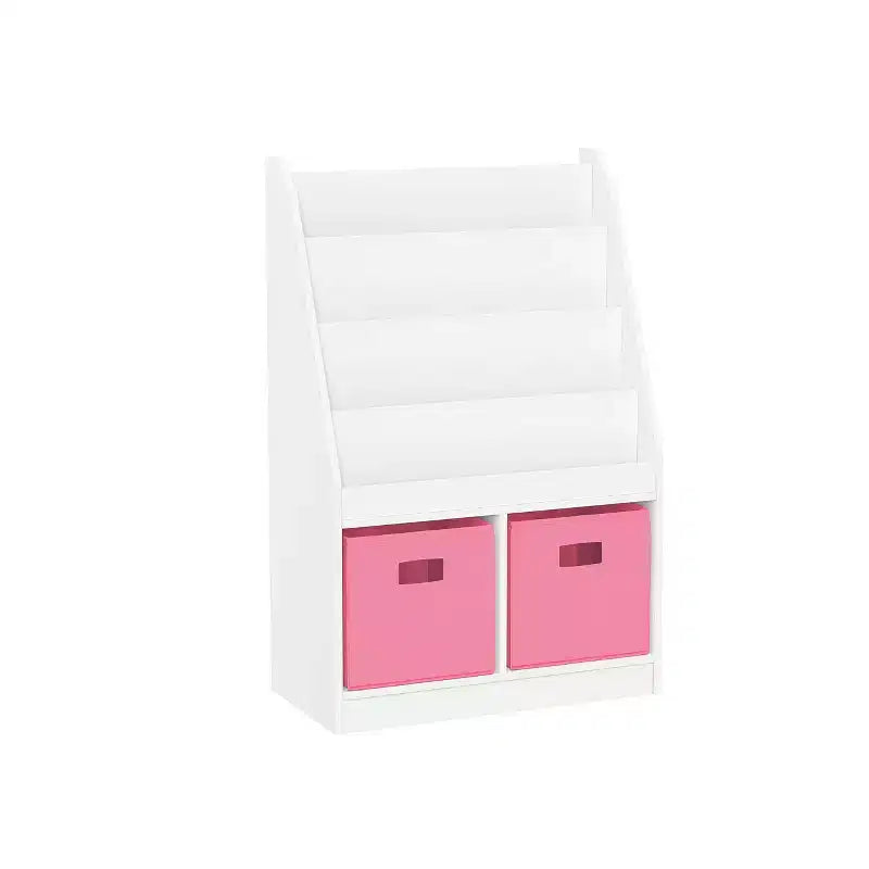 RiverRidge Kids' Bookshelf and Toy Storage Organizer with 4 Bookracks and 2 Cubbies White with 2 Fabric Bins