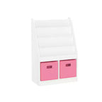RiverRidge Kids' Bookshelf and Toy Storage Organizer with 4 Bookracks and 2 Cubbies White with 2 Fabric Bins
