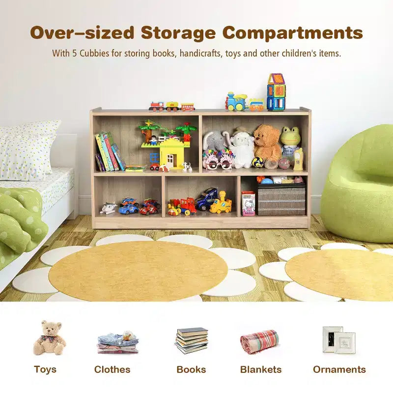 Costway Kids 5-Cube Storage Cabinet 2-Shelf Wood Bookcase Organizer Natural