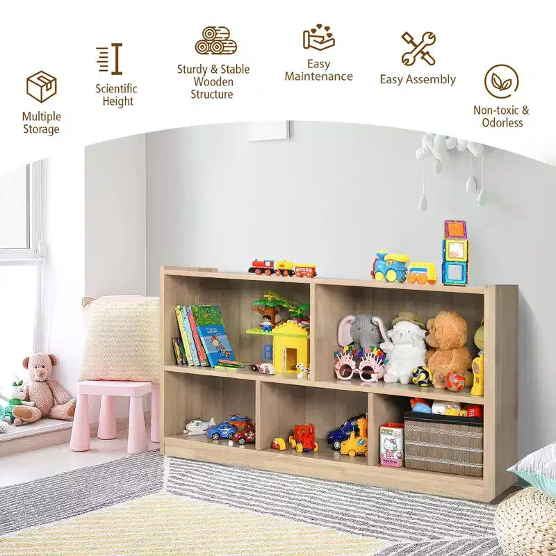 Costway Kids 5-Cube Storage Cabinet 2-Shelf Wood Bookcase Organizer Natural