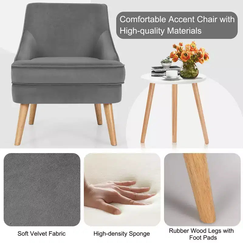 Costway Set of 2 Accent Chairs Velvet Single Sofa Chair w/Rubber Wood Legs Pink\Green\Grey